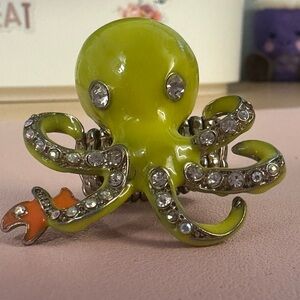 Enamel Octopus Ring with Rhinestones - Lime Green